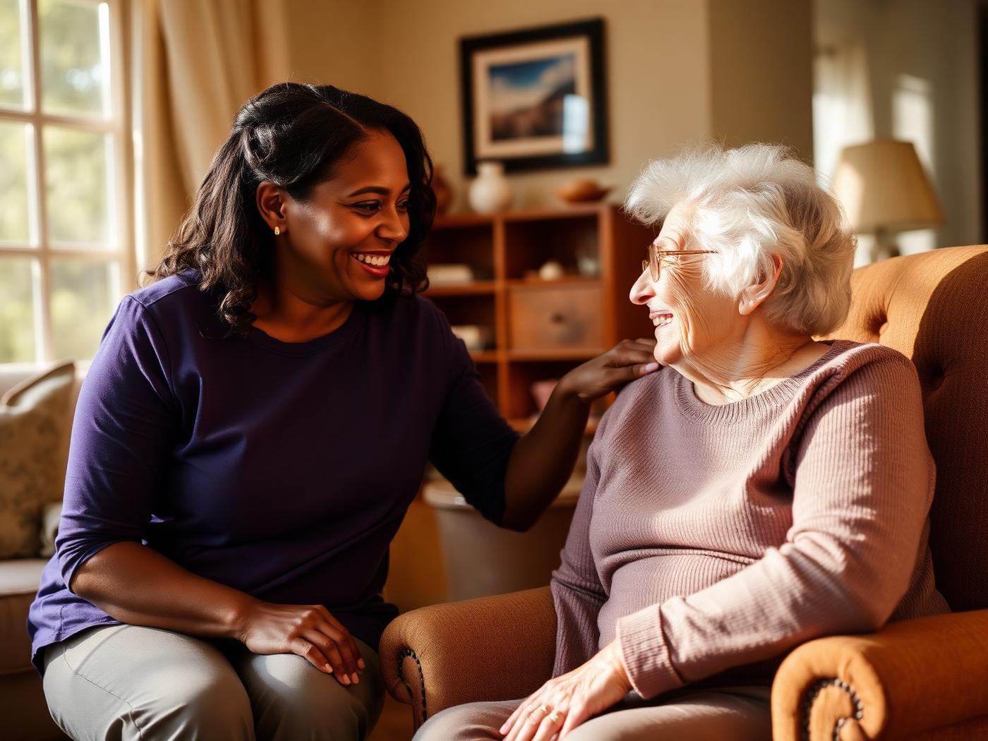 A caregiver with her hand gently on an elderly woman's shoulder, the two of them laughing in conversation in a sunlit living room