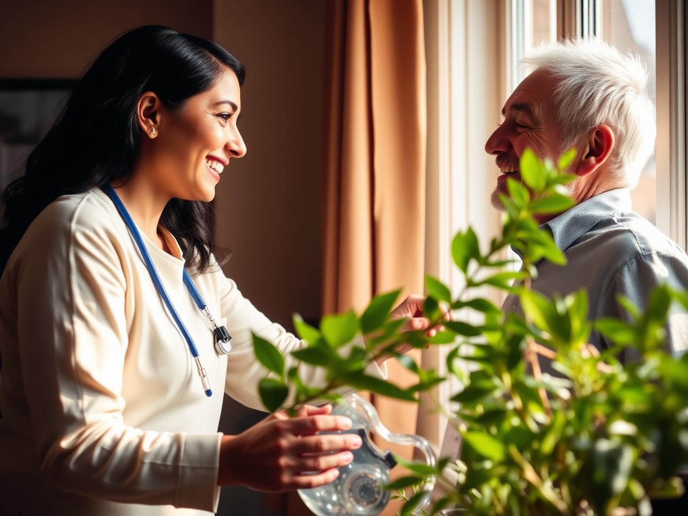 A caregiver and an elderly man laughing together while watering houseplants by a sunlit window
